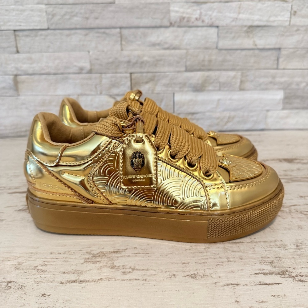 Kurt Geiger London Women's Southbank Tag Gold Metallic Platform Sneakers NEW - Picture 2 of 14